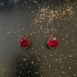 Vintage Red Rhinestone Gold Tone Earrings Made in Austria Clip-on